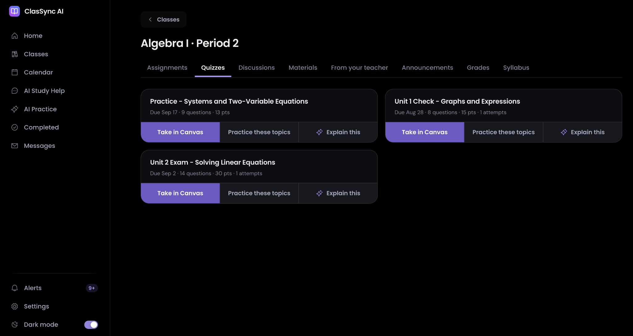 ClasSync Algebra I course showing quizzes, Canvas links, and topic practice options.