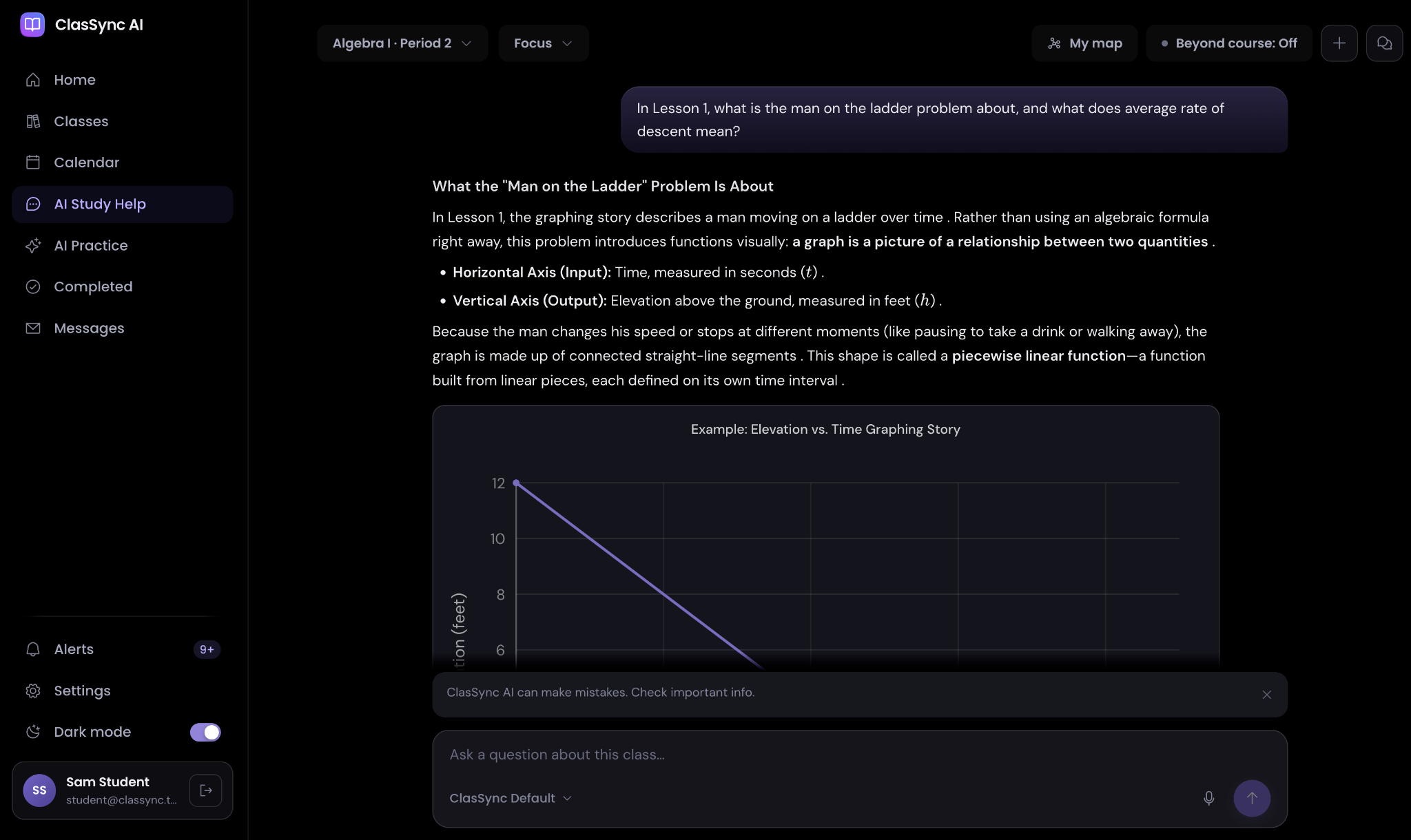 ClasSync AI Study Help explains an Algebra I ladder problem with an elevation-versus-time graph.